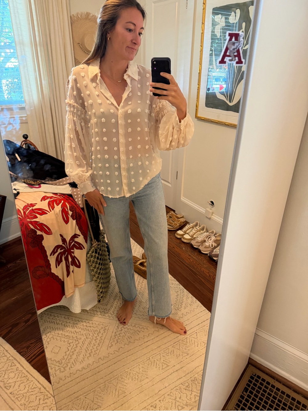 Zara Cream Swiss Dot Sheer Blouse